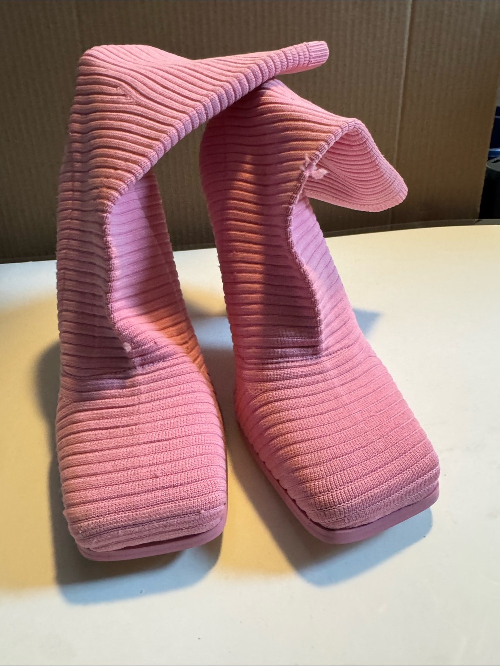 SHEIN Pink Ribbed Knit Square-Toe Sock Boots